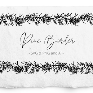 Bordo cono di pino SVG, Bordo di pino senza giunte, Incisione laser, Glowforge, Senza pubblicità, Acquaforte, Elementi invernali disegnati a mano botanici,