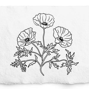 California Poppy SVG, gráfico de papoulas para gravação a laser, design floral Glowforge, tatuagem, arte de linha botânica desenhada à mão, arte de casamento