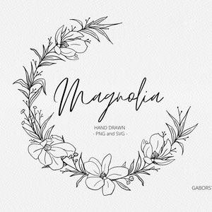 Magnolia Botanical SVG, Marco de Magnolia dibujado a mano, Marco de círculo botánico, Boda, diseño de logotipo, Clipart, sello Digi, Glowforge, Láser