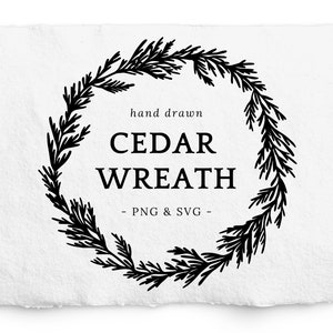 Couronne de cèdre SVG, Couronne d’hiver botanique dessinée à la main PNG, Couronne de Vacances, Sans publicité, Couronne de Noël SVG, Clipart de Noël vintage