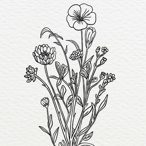 Wild Flower Bouquet SVG, Hand Drawn Botanical, Line Drawing, Monoline ...
