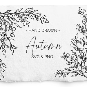 Coins botaniques d’automne SVG, Gravure laser, Glowforge, Clipart de mariage, Coin PNG de fleurs, Botanique dessiné à la main, Dessin au trait, noir et blanc