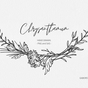Botanischer Swag SVG, Halbkranz, Chrysantheme, November Geburtsmonat Rahmen SVG, Handgezeichnet, Hochzeitskranz, Kommerzieller Frei, Lorbeer Stempel
