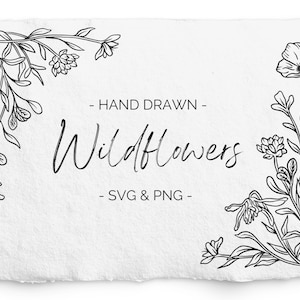 Fleurs sauvages coin cadre SVG, gravure au Laser, Glowforge, mariage Clipart, fleur PNG coin, dessiné à la main botanique, dessin au trait, noir et blanc