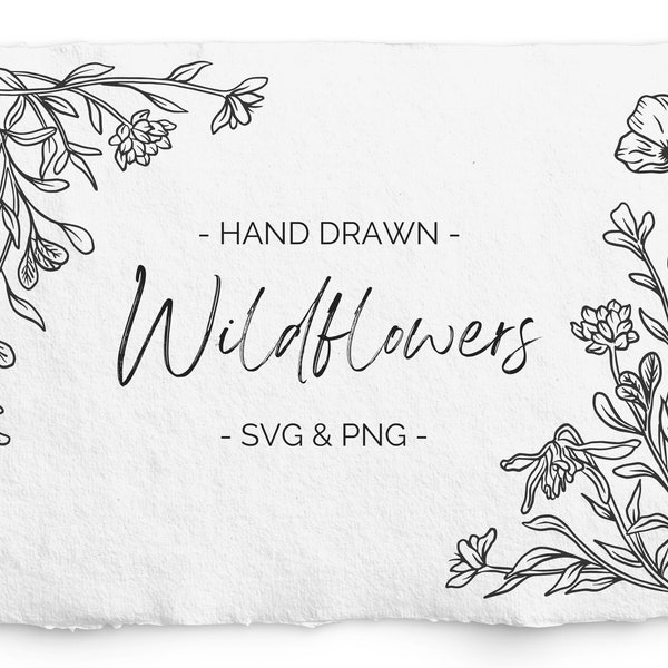 Wildflower Corner Frame SVG, Laser Engraving, Glowforge, Wedding Clipart, Flower PNG corner, Hand Drawn Botanical, Line Art, black and white