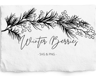 Christmas Berries Border for Engraving, Berries and Pine SVG, PNG, Botanical Hand Drawn Border, Engraving, Commercial Free, Glowforge
