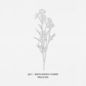 Juillet Mois de naissance Fleur SVG - Fleur d’anniversaire PNG, Graphique de fleur d’éperon dessiné à la main, Botanique dessinée à la main, Timbre Digi, Tatouage