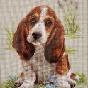 Framed Bassett Hound Cross Stitch: Hand-stitched Dog Art (16x20)