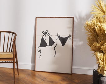 Zwarte bikinilijnkunstprint | Minimalistisch stranddecor (digitale download)