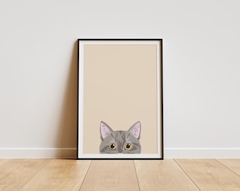 Peeping Grey Cat Print: Funny Pet Lover Wall Art (Digital Download)
