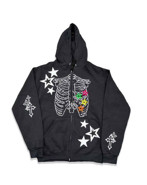 Y2k Skeleton Zip up Hoodie With Neon Stars Etsy