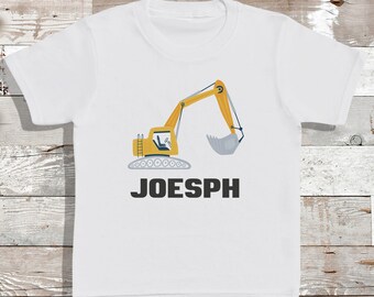Personalised name, Yellow Bucket Digger Design - T-Shirt - Babies T-Shirt - Kids T-Shirt - Personalised Name - Add Your Personalisation