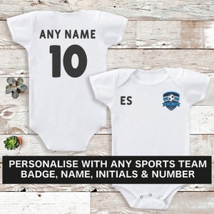 Personalised Front & Back Football Badge Bodysuit With Name, Initials and Number Baby Vest Personalised Add Personalisation 画像 1