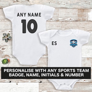 Personalised Front & Back Football Badge Bodysuit With Name, Initials and Number Baby Vest Personalised Add Personalisation image 1