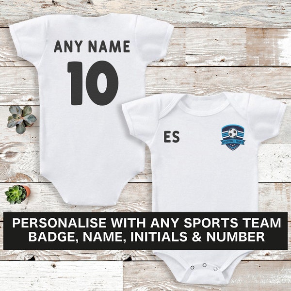 Personalised Front & Back Football Badge Bodysuit - With Name, Initials and Number - Baby Vest - Personalised - Add Personalisation