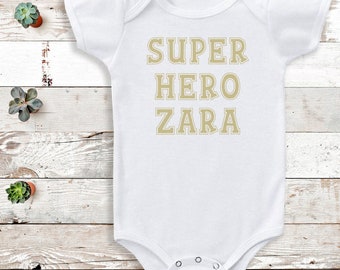 Personalised Superhero Gold Name - Baby Bodysuit - Personalised Baby Gift -Add Your Personalisation - Personalised baby gift, baby bodysuit