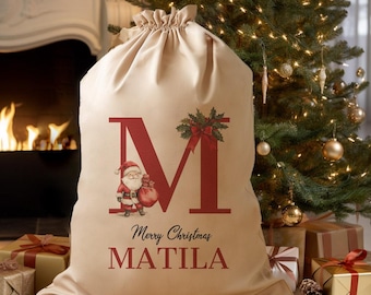 Saco de Papá Noel con inicial y nombre personalizados para entrega navideña - Saco de regalo de Navidad - Regalo de Navidad - Saco de Papá Noel de Navidad - Bolsa de Navidad