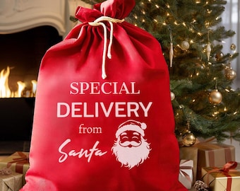 Könnte beinhalten: Ein roter Santasack mit weißem Text, der "SPECIAL DELIVERY from Santa" lautet, und einem weißen Cartoon-Bild von Santa Claus mit weißem Bart und roter Mütze.