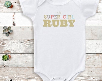 Personalised Super Girl Gold Name - Bodysuit - Personalised Baby Gift -Add Your Personalisation - Personalised baby gift, baby bodysuit gift