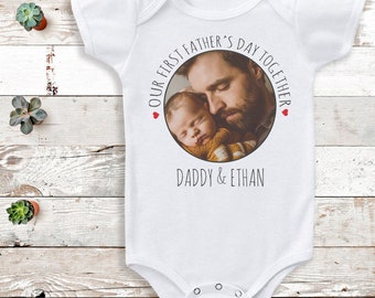 Our First Father's Day Togther Photo - Personalised Name and Photo Bodysuit - Personalised Baby Gift -Personalised gift, Father's Day Gift