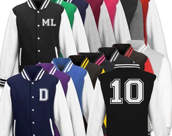 May include: A selection of varsity jackets in various colours and styles. The jackets feature white sleeves and a range of coloured bodies. Some jackets have letters or numbers on the back.