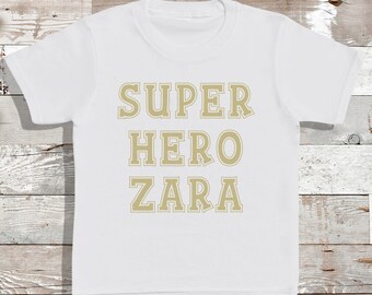 Personalised Superhero Gold Name - Babies T-Shirt - Kids T-Shirt - Personalised Name T-shirt - Personalised - Add Your Personalisation