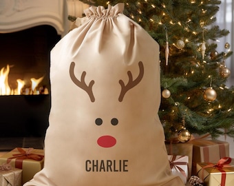 Saco de Papá Noel con nombre de reno personalizado para entrega navideña - Saco de regalo de Navidad - Regalo de Navidad - Saco de Papá Noel de Navidad - Bolsa de Navidad
