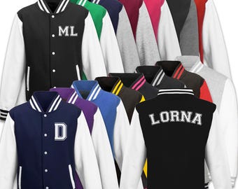 May include: A selection of varsity jackets in various colours with white sleeves. Some jackets feature letters on the front, such as "ML" and "D", while others have letters on the back, such as "LORNA".