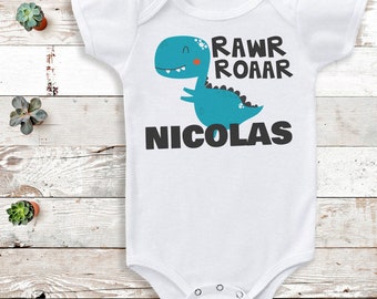 Personalised Name - Blue Dino Baby Bodysuit - Personalised Baby Gift -Add Your Personalisation - Personalised baby gift, baby bodysuit gift