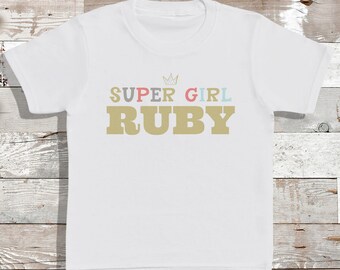 Personalised Super Girl Gold Name - T-Shirt - Babies T-Shirt - Kids T-Shirt - Personalised Name - Personalised - Add Your Personalisation