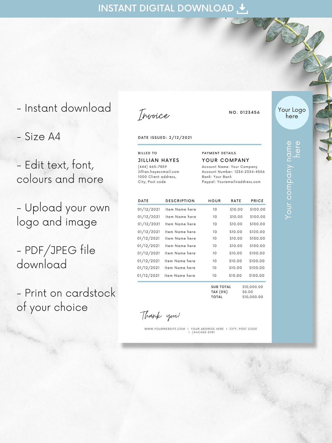 Invoice Template Blue Printable Invoice Editable Invoice - Etsy