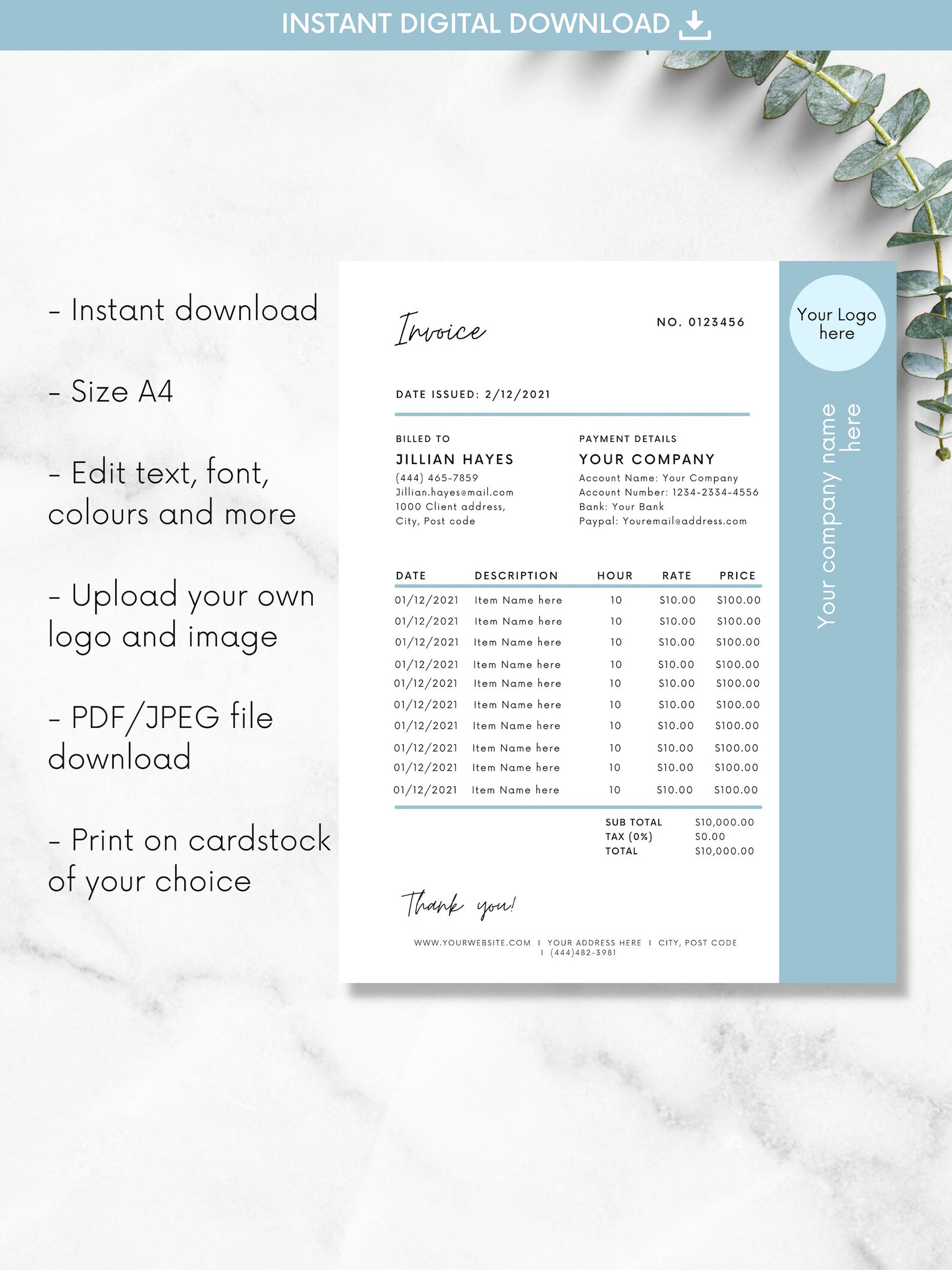 Invoice Template Blue Printable Invoice Editable Invoice - Etsy