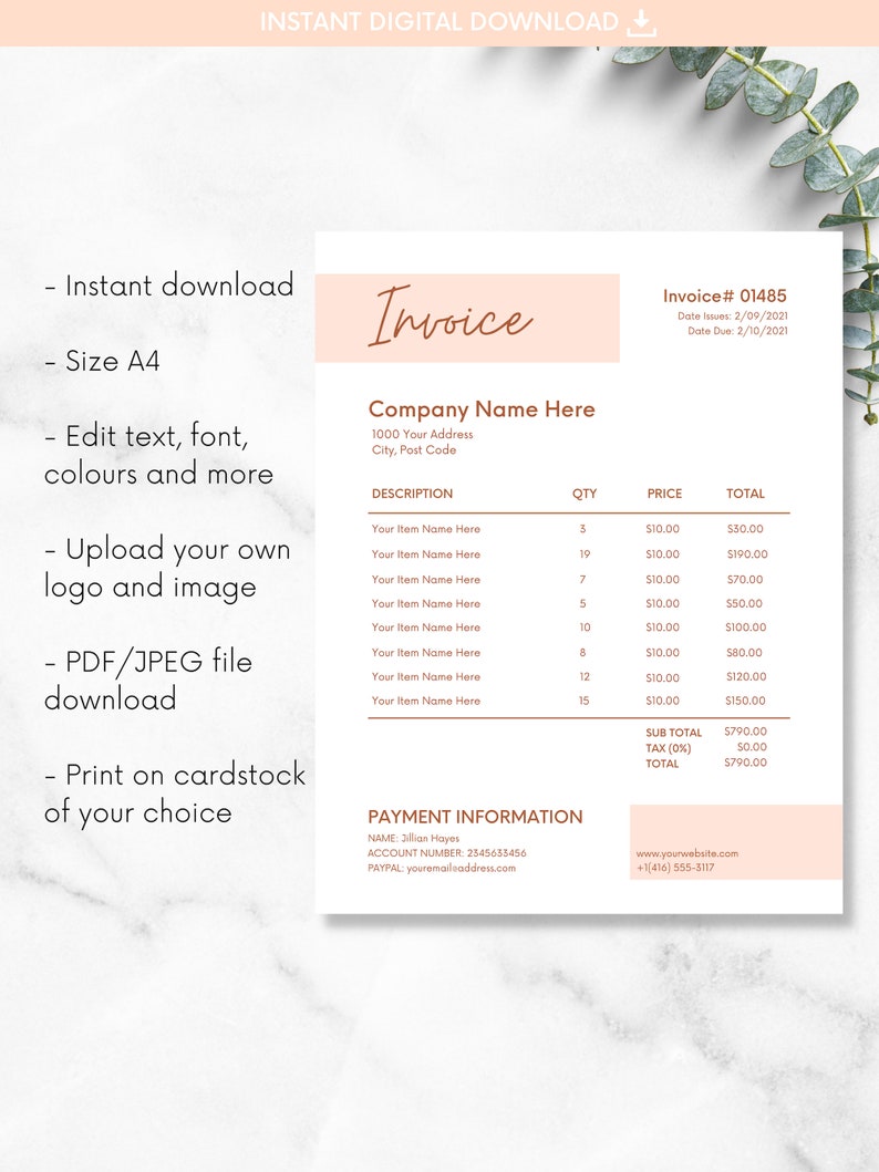 Invoice Template, Printable Invoice, Editable Invoice, Instant Download ...
