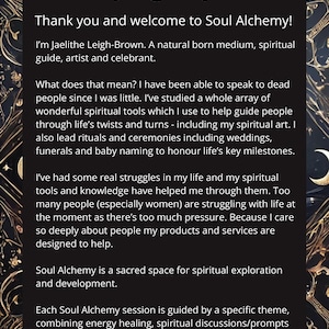 May include: Black and gold graphic with the word "WELCOME" at the top. Text below introduces Soul Alchemy, a spiritual service by Jaelithe Leigh-Brown, including spiritual guidance, rituals, and energy healing.
