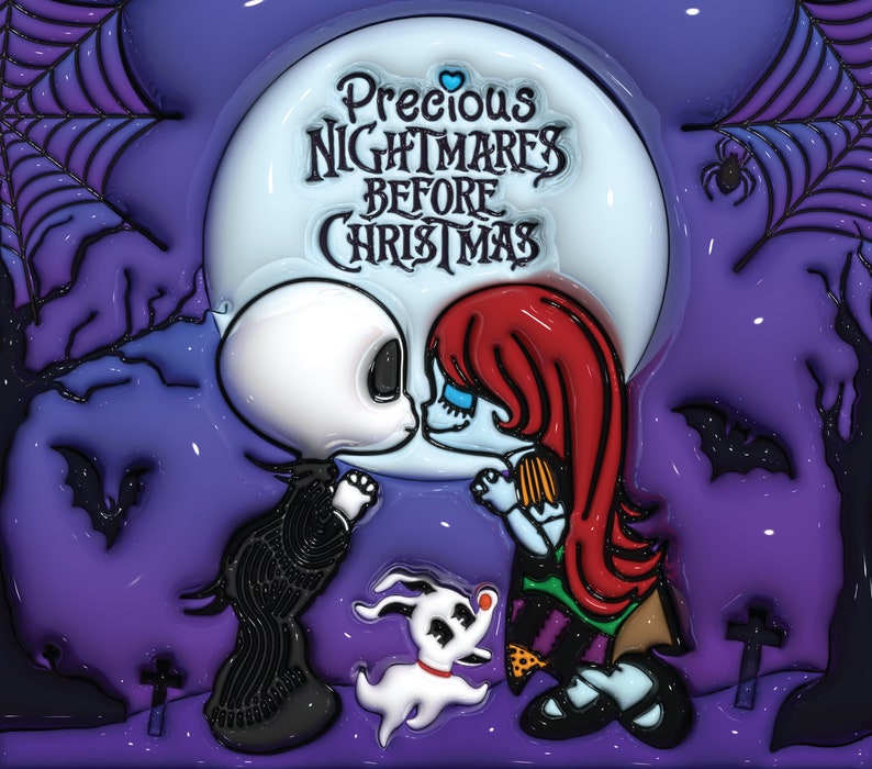 May include: A purple background with a white moon featuring the text "Precious Nightmares Before Christmas".  A white and black character with a black suit and a red and green character with a green dress are kissing.  A white dog with black spots is in the foreground.