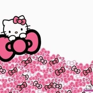 May include: A pink and black Hello Kitty illustration with a large pink bow. The background is filled with pink bows of various sizes.