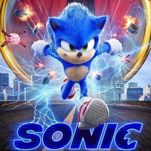 May include: A blue and white cartoon character, Sonic the Hedgehog, runs through a city street with electric blue lightning bolts behind him. The word "SONIC" is written in large blue letters across the bottom of the image.