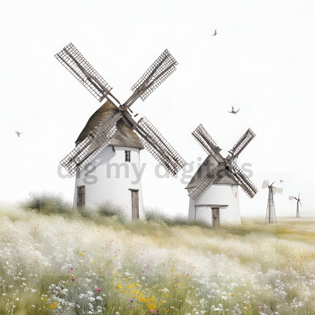 10 Windmills Clip Art, Printable Clipart, Jpg, Digital Download