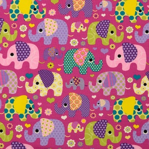 Jersey - Colorful Elephants Pink - Fuchsia Pink Colorful Cotton Jersey Cotton Children&#39;s Fabric - Sold by the Meter 25 cm