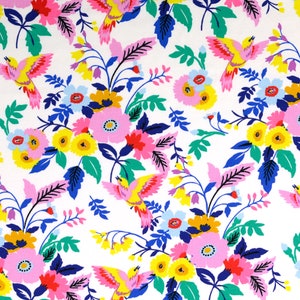Jersey - Colorful Flowers and Birds - Bird of Paradise Pink Blue Green Yellow Red Cotton Jersey Cotton Children&#39;s Fabric - Sold by the meter from 25 cm