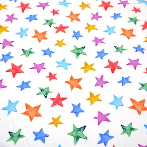 Jersey - Colorful Stars White - Stars Green Red Orange Blue Yellow Purple Cotton Jersey Cotton Children's Fabric - Sold by the meter from 25 cm