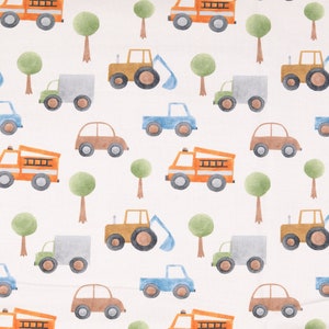 Jersey - Cars Light Gray - Gray Blue Trucks Fire Department Traffic Excavator Boys Cotton Jersey Cotton Children&#39;s Fabric - Sold by the meter from 25 cm