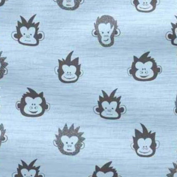 Jersey - Monkeys Light Blue Mottled - Blue Monkey Junior Boys Cotton Jersey Cotton Children's Fabric - Sold by the meter from 25 cm