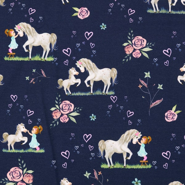 Jersey - Horse Love Bleu Foncé Violet - Horse Girls Horse Girl Hearts Bleu Coton Jersey Coton Tissu Enfant - Vendu au mètre à partir de 25 cm