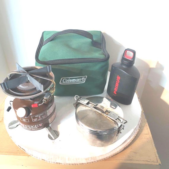Restored Coleman Peak 1 Camp Stove Kit, MSR Cookpot, Primus Fuel