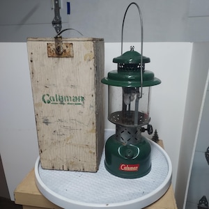 Vintage 1960 Coleman lantern with homemade wooden case. Green double mantle, 220E, All original!