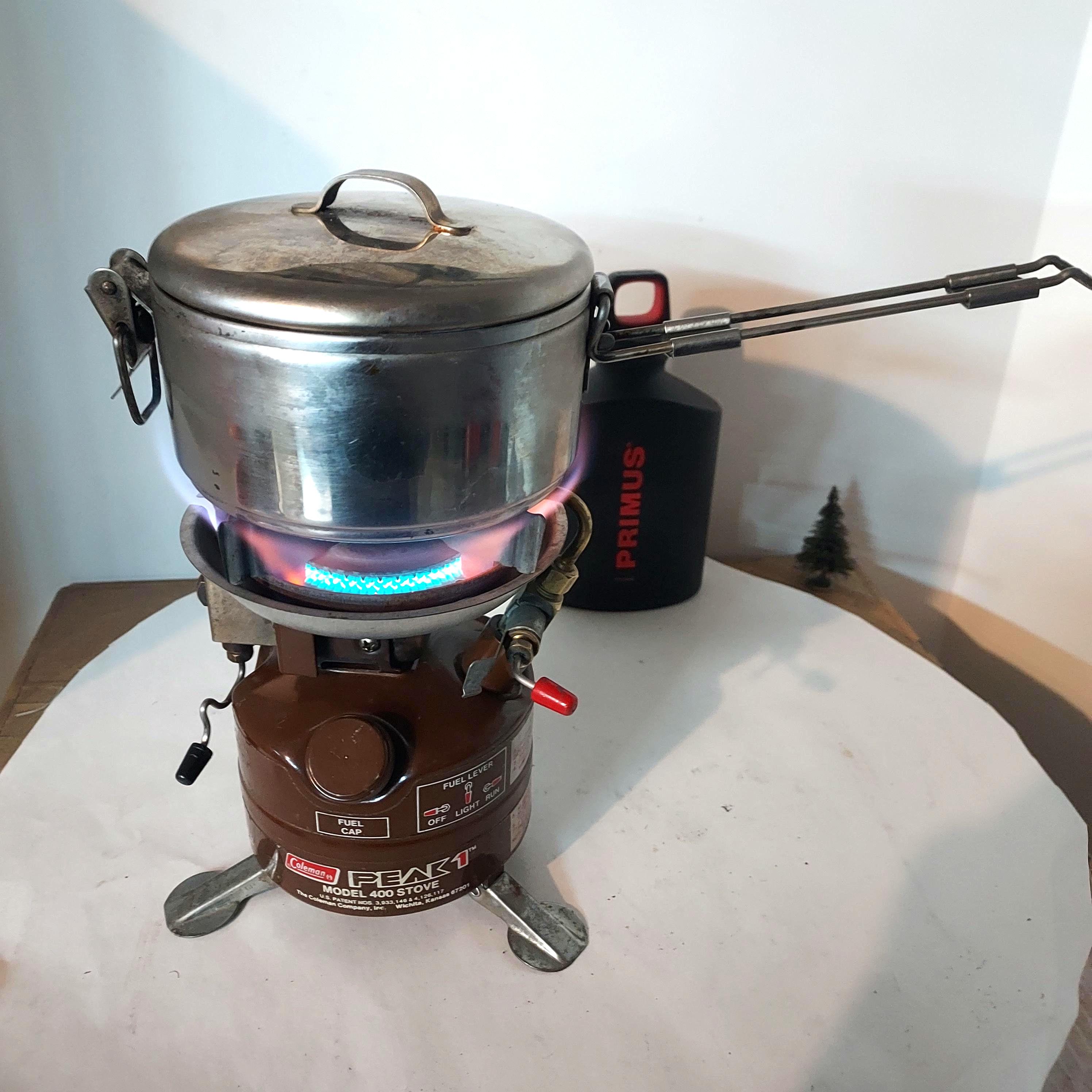 Restored Coleman Peak 1 Camp Stove Kit, MSR Cookpot, Primus Fuel