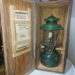 Vintage 1956 Coleman lantern with custom wooden case. Green double mantle, 220E, All original!