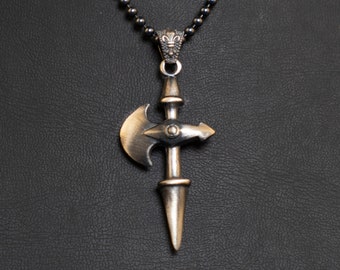 Mens Silver Axe Necklace, Battle Axe Silver Ebony Pendant, Oxidized Mens Viking Necklace, Scandinavian Silver Men Jewelry, Mens Silver Gift