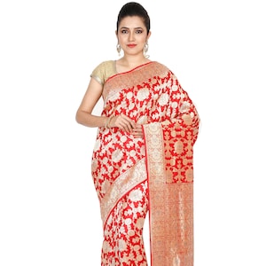 Red Banarasi Pure Katan Silk Saree - Ordhna Jangla With Gold Coated Zari | Traditional Banarasi Handloom Silk Saree | Silk Mark Certified
